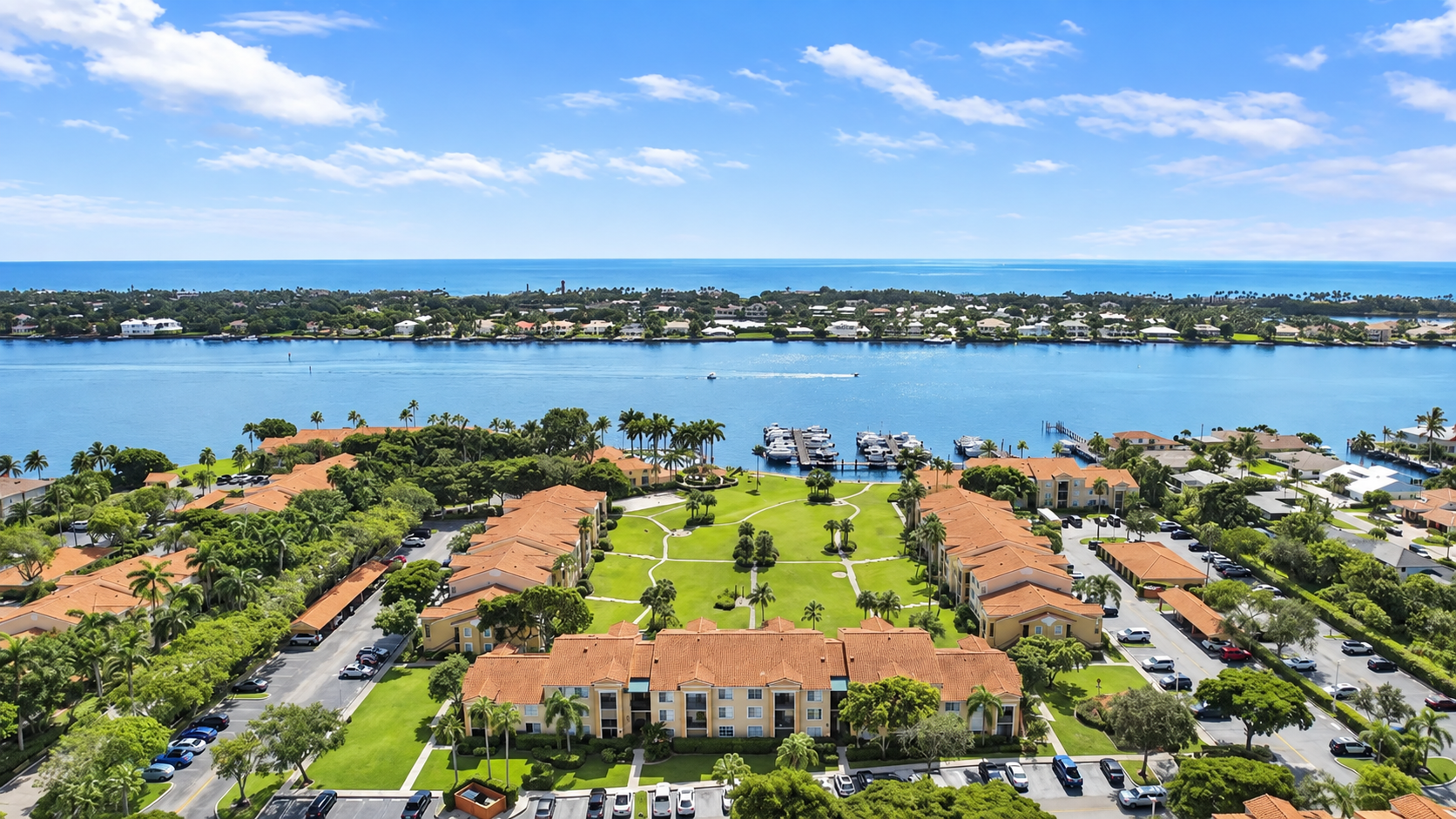 Aerial view across the Yacht Club courtyard toward the Intracoastal and ocean