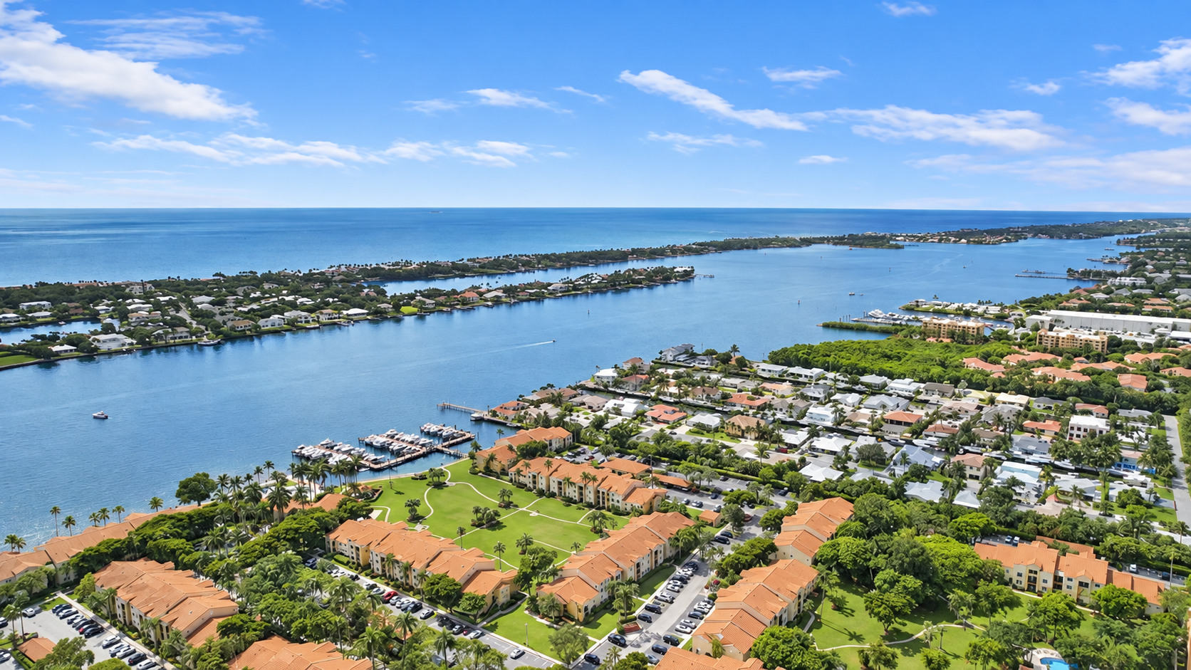 Wide aerial view of Yacht Club on the Intracoastal and the nearby Atlantic Ocean